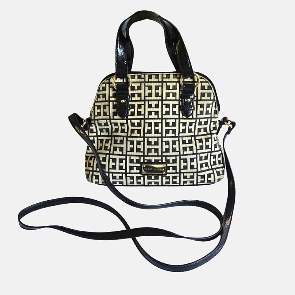 Vintage Tommy Hilfiger Crossbody Ivory Black Canvas Logo Faux Leather Trim Bag